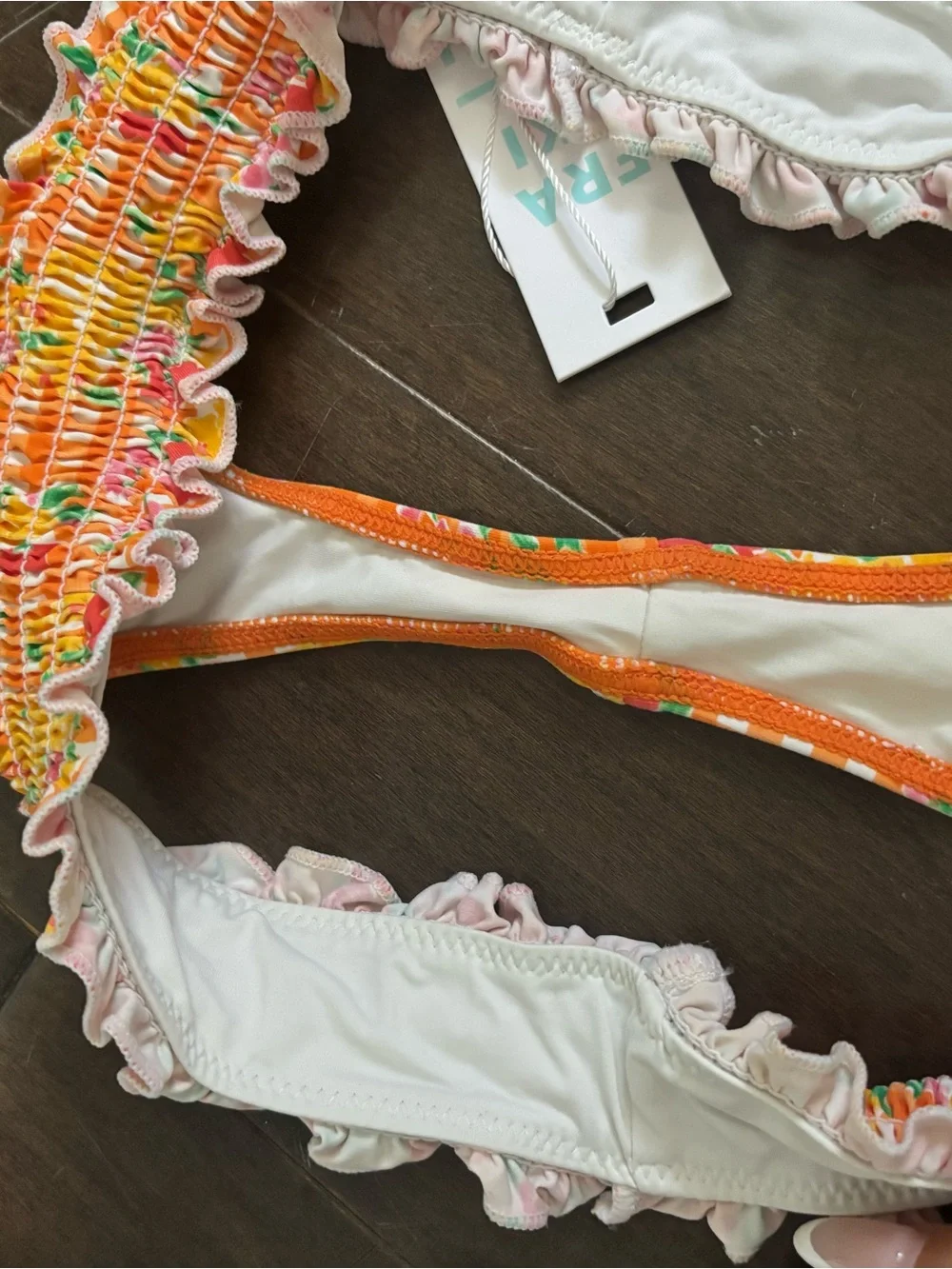 Frankies Bikinis Orange Gingham Floral Ruffle Bikini Bottoms